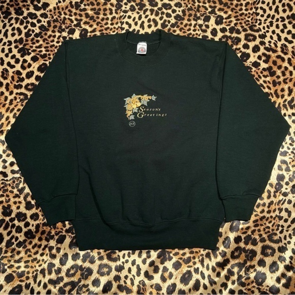 Vintage Seasons Greetings Embroidered Green Crewneck Sweatshirt